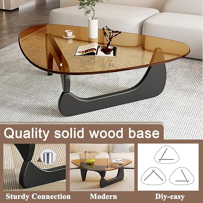 Glass Coffee Table, Mid Century Modern Coffee Table, Coffee Table for Living Room Center Table Suitable for Bedroom Living Room Reception Office Tables (Black/Brown, Large)