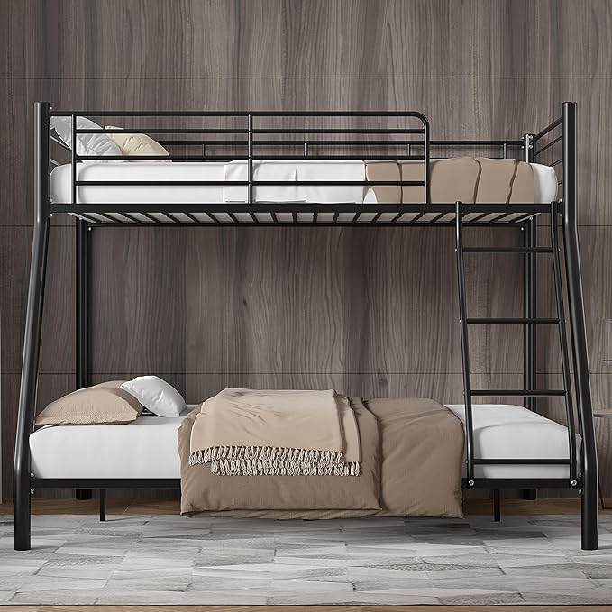VECELO Bunk Bed Twin Over Full, Metal Bunkbeds with Ladder and Full-Length Guardrail, No Box Spring Needed, Space Saving, Noise Free, Matte Black