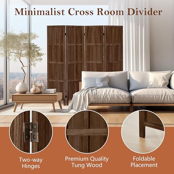 Leesinwing Wood Room Divider 4 Panel Folding Privacy Screen, Classic 5.6Ft Indoor Wooden Partition, Portable Partition Wall Divider for Room Separation, Home, Office, Bedroom, Restaurant (Brown)