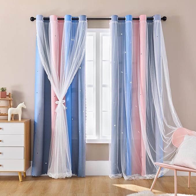 XiDi Curtains for Bedroom Decor, Rainbow PinkGreyBlue-52-90