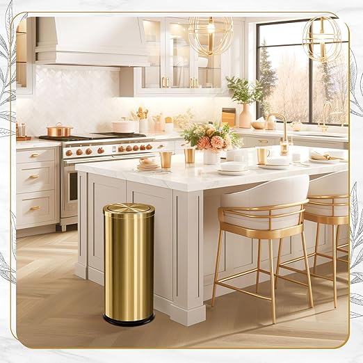 Maxdot 2 Pcs 8 Gallon/30 L Gold Lidded Trash Can and Toilet Brush Set, Garbage Bin with Flip Lid Commercial Compact Waste Basket for Bathroom Bedroom Office Shopping Centers, Elevator Doors, Hotels