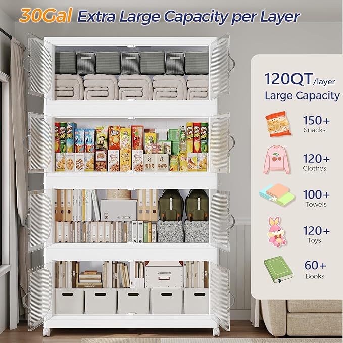 720QT Plastic Stackable Storage Bins with Lid, 180GAL Extra Large Collapsible Box with Wheels Clear Door, Foldable Closet Organizer Container Cabinet Drawer for Home Kitchen，6Pack, White