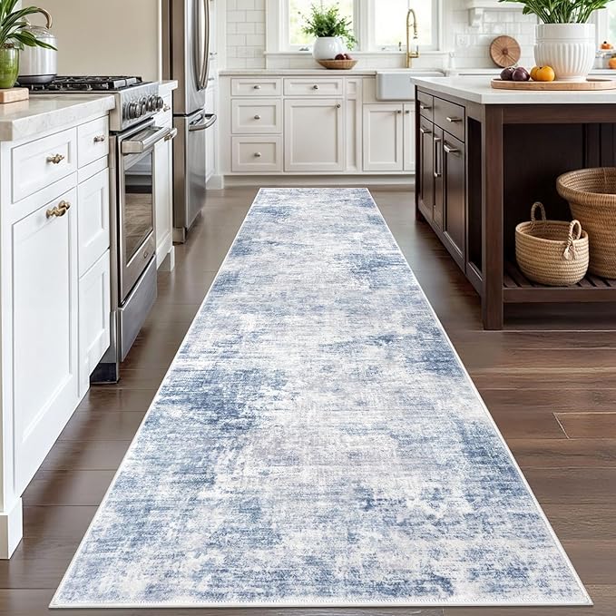 IOHOUZE Abstract Runner Rug 3x12 Ft Washable Runners for Hallways, Non Slip Kitchen Runner Printed Faux Wool Entryway Runner Indoor, Modern Abstract Floor Carpet for Hall Kitchen, Light Blue White