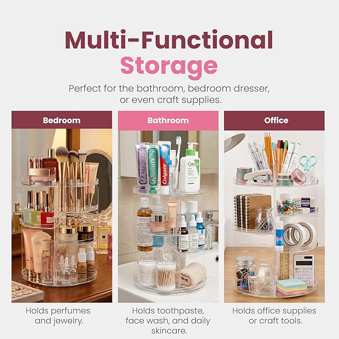 Masirs 360 Rotating Makeup Organizer Countertop - Adjustable Shelf Height - The Perfect Round Spinning Cosmetic Organizer for Bedroom Dresser or Vanity Countertop Storage (Clear)