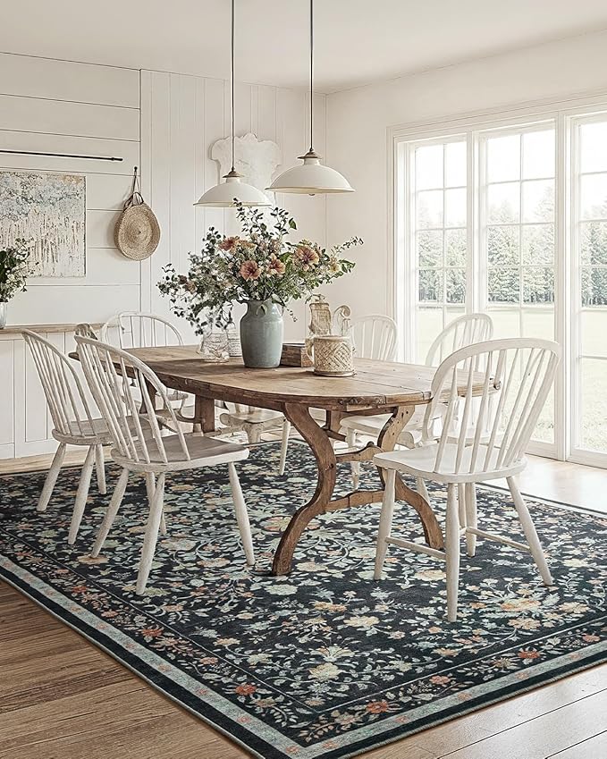 AMADA HOMEFURNISHING 5x7 Area Rugs, Washable Low-Profile Large Living Room Rug with Non-Slip Backing & Durable Edge Binding, Soft Vintage Rug for Bedroom, Dinning Room