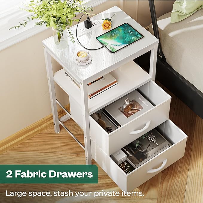 Huuger Nightstands Set of 2, End Tables with Charging Station, Side Tables with Fabric Drawers, Bedside Tables with USB Ports and Outlets, Night Stands, PU Leather, White