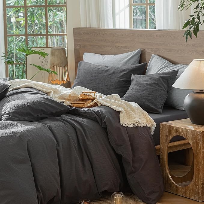 MooMee Wavy Striped Duvet Cover Set 100% Washed Cotton Linen Like Textured Breathable Durable Soft Comfy (Charocal Grey, Oversized Queen 98"x98")