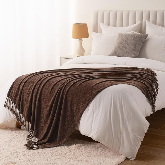 BATTILO HOME Brown Throw Blanket for Couch, Bed, Sofa - Soft Cozy Chenille Throw with Fringe Tassels, Lightweight Chocolate Brown Knitted Throw for Home Decor, 50"x60"