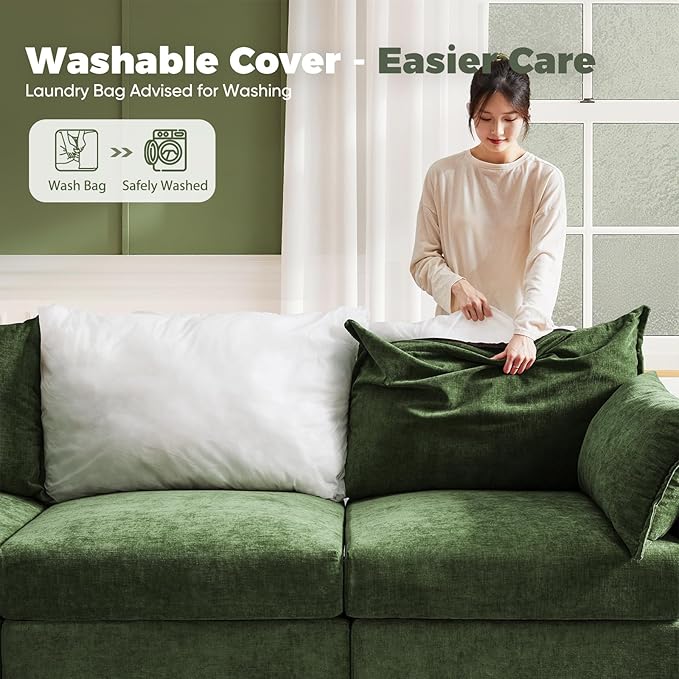 ABCASA 102.6" U Shaped Modular Sectional Sofa, 5 Seater Couch with Storage Ottoman Deep Seat and High Backrest with Removable Cover for Living Room, Apartment - Chenille Green