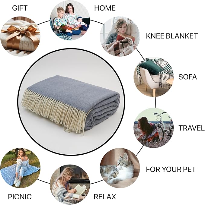 | Wool Blanket/Throw | 100% New Zealand Wool | Perfect for Home and Outdoors | Virgin Wool Throw with Fringes 67"x79" (170 x 200 cm)