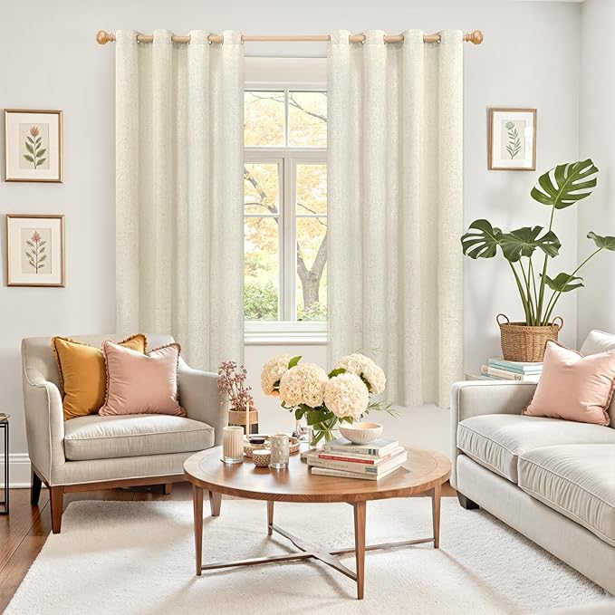 YoungsTex Beige Linen Curtains 63 Inch Length for Living Room 2 Panels, Light Filtering Window Drapes Semi Sheer with Grommet Rustic Natural for Bedroom, 52 X 63 Inch