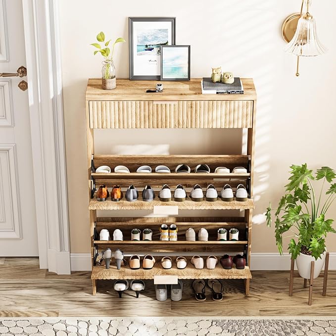 Fluted Shoe Cabinet Storage with 2 Flip Drawers & 1 Drawers, Wood Narrow Hidden Shoe Cabinet with Adjustable Shelf for Entryway, Freestanding Slim Shoe Rack Organizer for Foyer Hallway Living Room