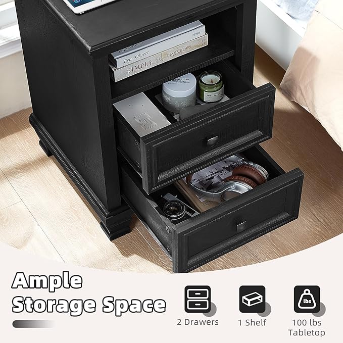 SAVOR LIFE Farmhouse Nightstand Set of 2 with Charging Station, Rustic Black Nightstand,2 Drawers End Table for Living Room,Bedside Table with Open Shelf for Bed Room,Black