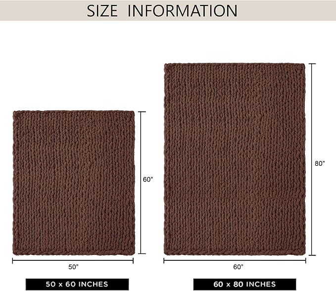 Chunky Knit Throw Blanket 50"X 60", 100% Handmade with Soft Chenille Yarn, 4.4lbs Thick Cable Knitted Blankets, Large Rope Knot Crochet Throws for Couch Sofa Bed Home Decor, Dark Brown