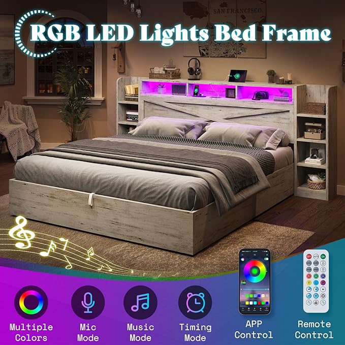 AMERLIFE King Size Lift Up Storage Bed Frame, 45.1" LED Bed Frame with 2 Side Shelves & Bookcase Headboard, Farmhouse Wood Platform Bed with Charging Station, No Box Spring Needed, Distressed White