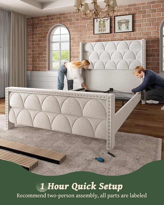 Queen Size Bed Frame with 56" Headboard - Velvet Upholstered Wingback Platform Bed Frame, Noise Free, Sturdy Wooden Slat Support (Cream, Queen)