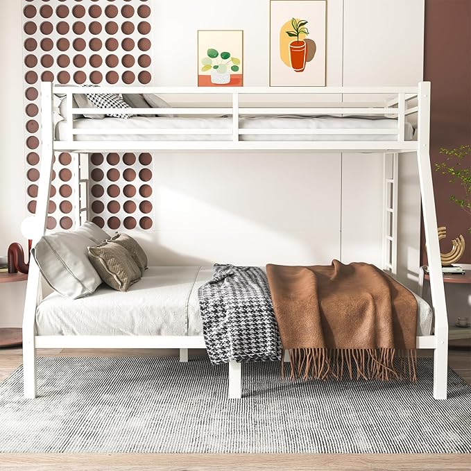 Twin XL Over Queen Bunk Bed Frame, Heavy Duty Metal Loft Bed for Adults/Teens, 350/600LB Capacity w/Ladder & Guardrail, Noise-Free Steel Slats, No Box Spring Required, White