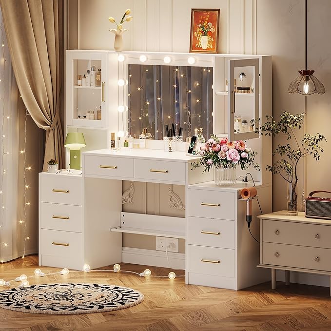 White Vanity Desk with Mirror, Lights & Charging Station, 58" 3 Lighting Modes Makeup Desk with 8 Drawers, 2 Cabinets and Lots Storage, Dressing Table Vanity Set with Lighted Mirror