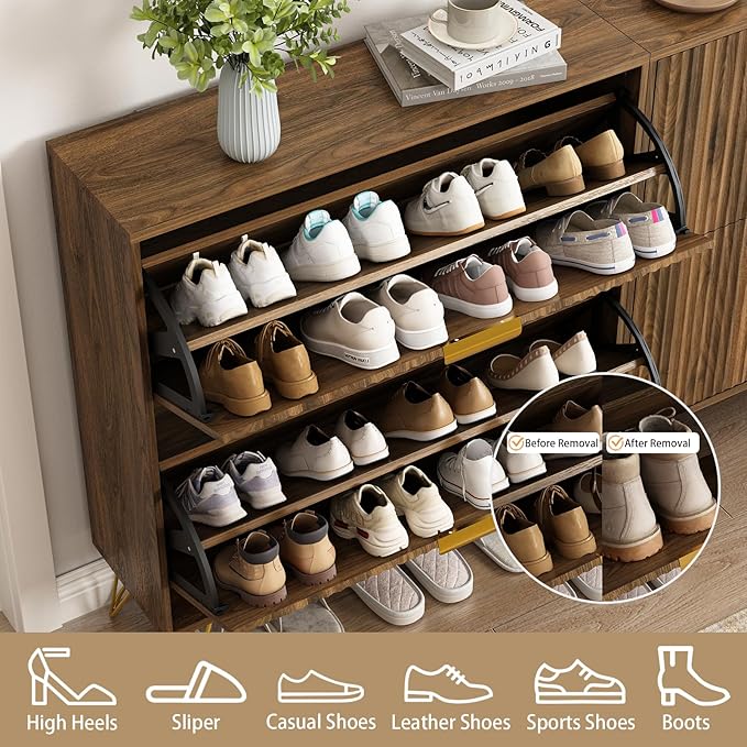 Shoe Cabinet with 2 Flip Drawers Walnut, Fluted Shoe Cabinet Storage for Entryway Slim, Mid Century Narrow Shoe Organizer, Modern Freestanding Shoes Rack for Entryway, Walnut
