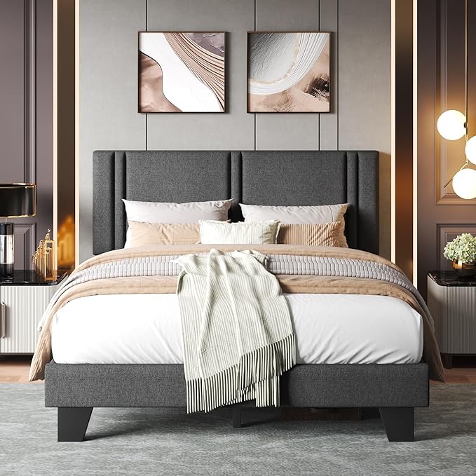 Upholstered Full Size Bed Frame with Linen Fabric Headboard, Strong Wooden Slats Support, Noise Free, No Box Spring Needed, Dark Grey