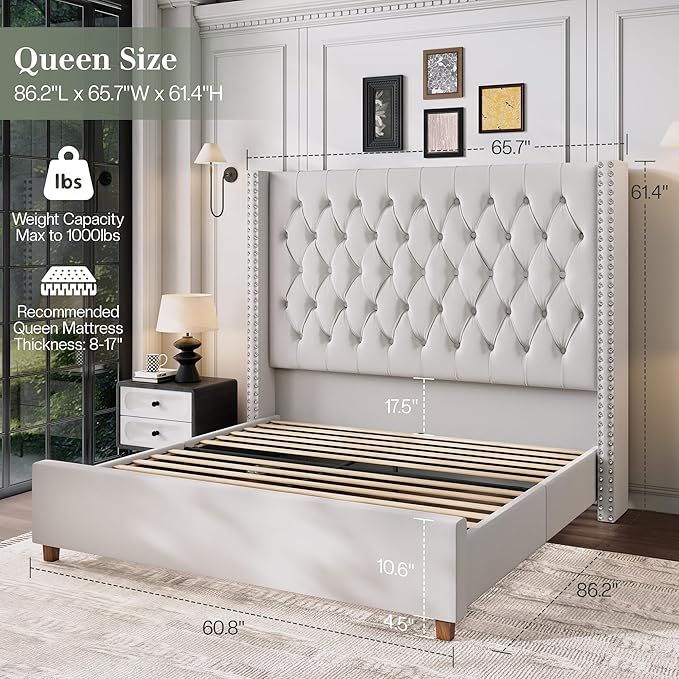 Jocisland Queen Size Bed Frame with 61.4" Tall Headboard, Velvet Upholstered Wingback Platform Design, Handcrafted Pleats& Deep Button Tufted, Solid Wood Legs, No Box Spring Needed, Cream