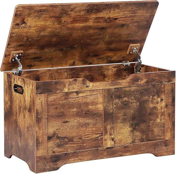 Timberer 31.5" Storage Chest, Wooden Storage Bench, Lift Top Toy Chest with 2 Safety Hinges, Large Toy Box, Entryway Shoes Bench for Living Room, Bedroom, Rustic Brown