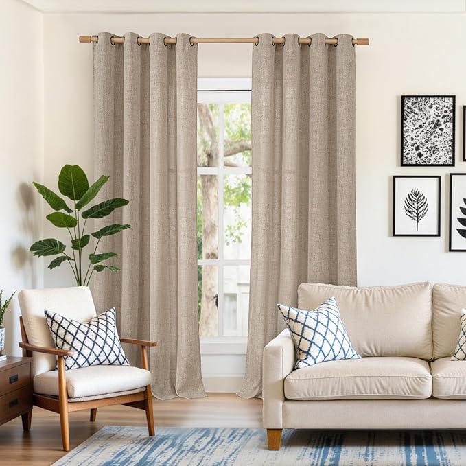 YoungsTex Linen Curtains 102 Inches Long Textured Extra Long Curtain with Bronze Grommet Privacy Light Filtering Drapes for Living Room Bedroom, Dark Oatmeal, 52 x 102 Inch, 2 Panels