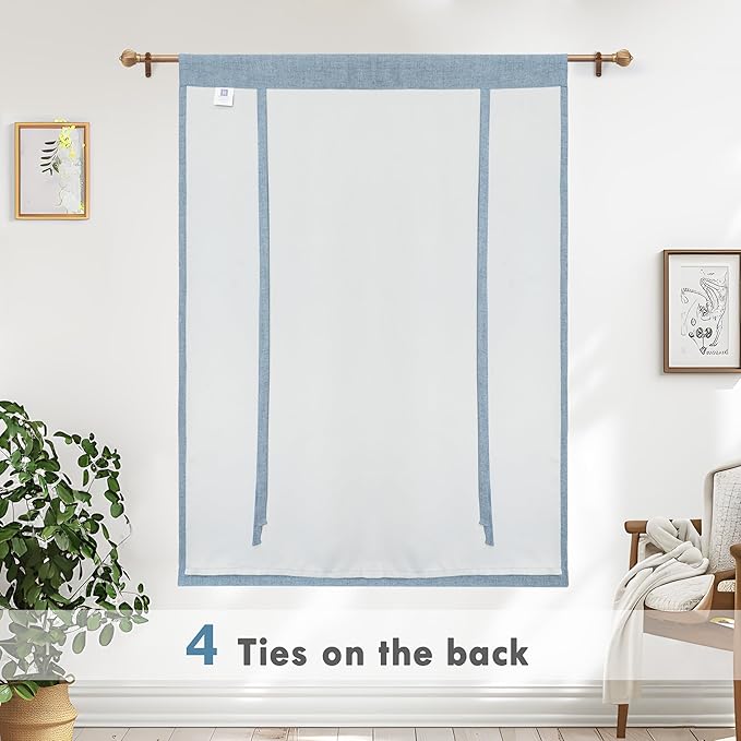 DriftAway Double Layer Linen Blackout Tie Up Curtains Thermal Insulated Fully Lined Balloon Roman Shade Bathroom Window Adjustable Rod Pocket for Small Window 45 Inch by 63 Inch Dusty Blue