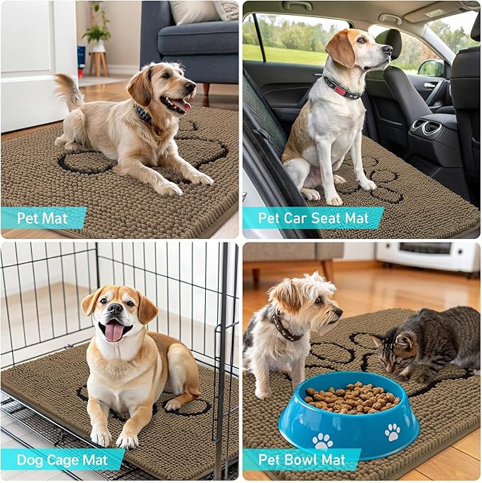 OLANLY Dog Door Mat for Muddy Paws 59x24, Paw Print Design, Absorbs Moisture and Dirt, Absorbent Non-Slip Washable Doormat, Quick Dry Chenille Mud Mat for Dogs, Entry Indoor Entryway Carpet, Tan