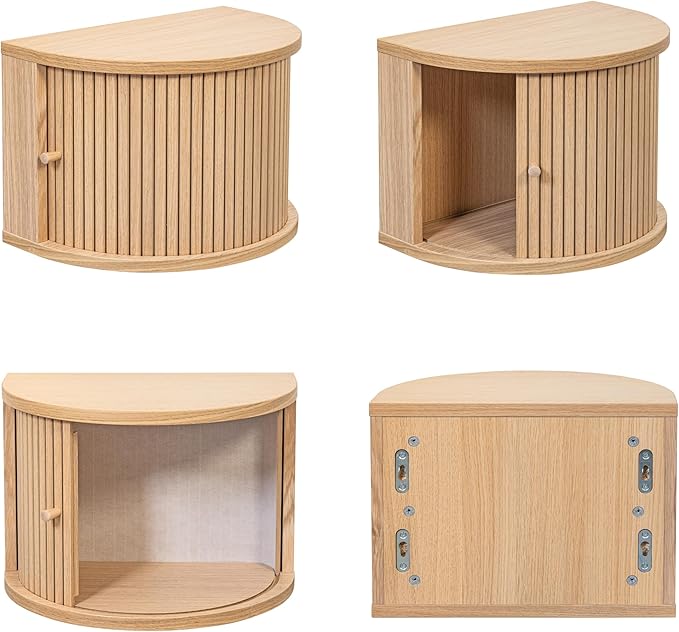 WERMO 16'' Floating Nightstand Shelf with a Sliding Door and Storage - Floating Bedside Shelf Wall Mount, Wall Mounted Wood Nightstand, Mid Century Modern Side Table (Oak)