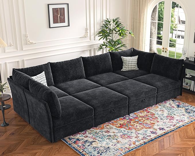 ABCASA 136.4" Oversized Modular Sectional Sleeper Sofa Bed, U Shaped Convertible Couch with Movable Ottoman, Large 8 Seat Corner Couches for Living Room Deep Seat Black Chenille