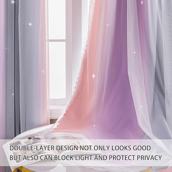 XiDi Dream Star Blackout Curtains for Kids Rooms Girl Princess Curtain for Daughter Bedroom Window (Grey Pink Purple, W34 X L72)