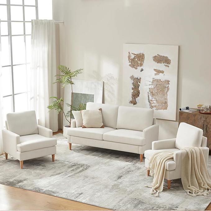 VKNOW Mid-Century Accent Chairs Set of 2, No Tools Assembly Required, Modern Upholstered Polyester Armchairs for Living Room & Bedroom, Comfortable Reading Chairs with Wood Legs, Beige