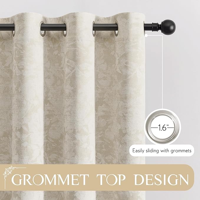 Beauoop Beige Floral Jacquard Blackout Curtains 84 Inches Long 2 Panels for Bedroom Living Room Flower Chenille Room Darkening Thermal Insulated Soundproof Grommet Window Treatments Drapes 52x84x2