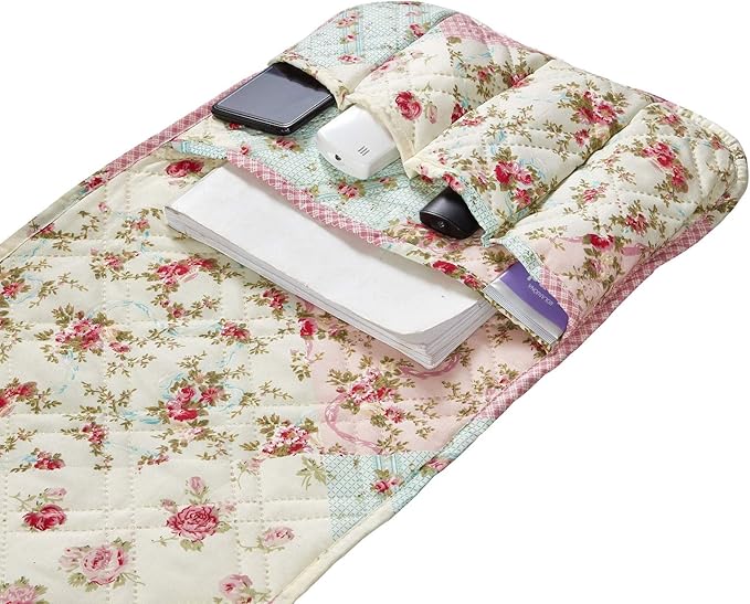 Brilliant Sunshine Pink and Green Rose Patchwork Sofa Armrest 5 Pockets Organizer, Slip Resistant Armchair Caddy, Washable Remote Controls Holder, Storage for Magazine, Tablet, 35×13", Pink Green