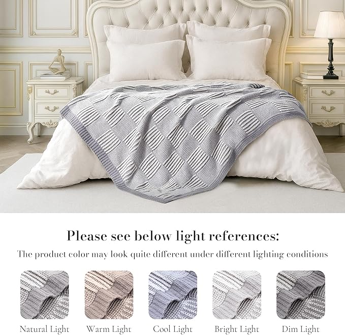 Amélie Home Checkered Knit Throw Blanket for Couch, Chenille Texture Decorative Soft Blanket for Sofa & Chair, 50"x60", Grey & White