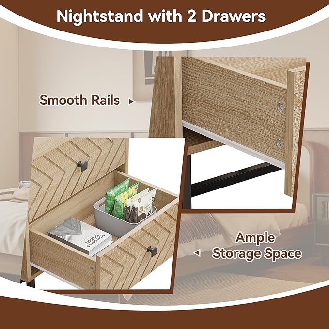 Modern Nightstand with Two Storable Drawers,Sturdy Bedside Table Space-Saving Night Stand with Black Metal Legs for Bedroom,Oak