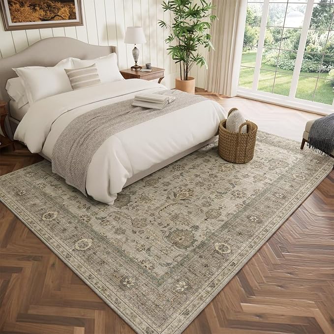 Washable 5x7 Area Rugs for Living Room, Boho Non-Slip Vintage Distress Rugs for Bedroom Dining Room Nursery Office, 0.3" Neutral Oriental Throw Thin Carpet with Cushioning Pad, Flaxen/Brown/Multi