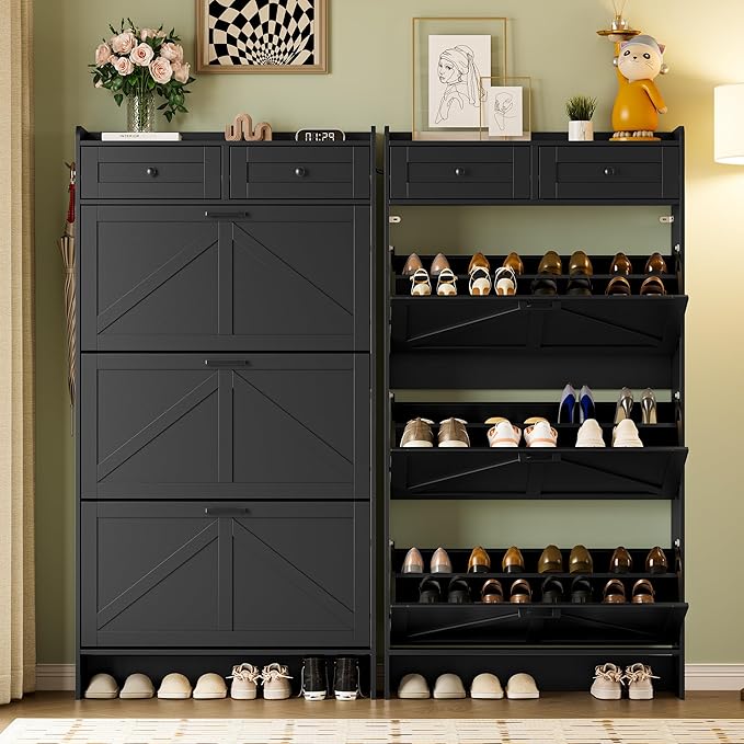 Shoe Storage Cabinet for Entryway, Farmhouse Narrow Shoe Cabinet with 3 Flip Drawers & 2 Top Drawers, Adjustable Shelves & Hooks, Freestanding Hidden Rack Organizer for Hallway, Foyer