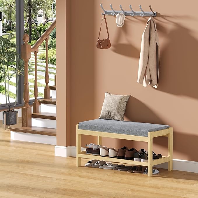 Shoe Bench Entryway, Solid Wood 2-Tier Shoe Rack Bench with Padded Seat, Shoe Organizer for Hallway Living Room, Mudrooms, Natural