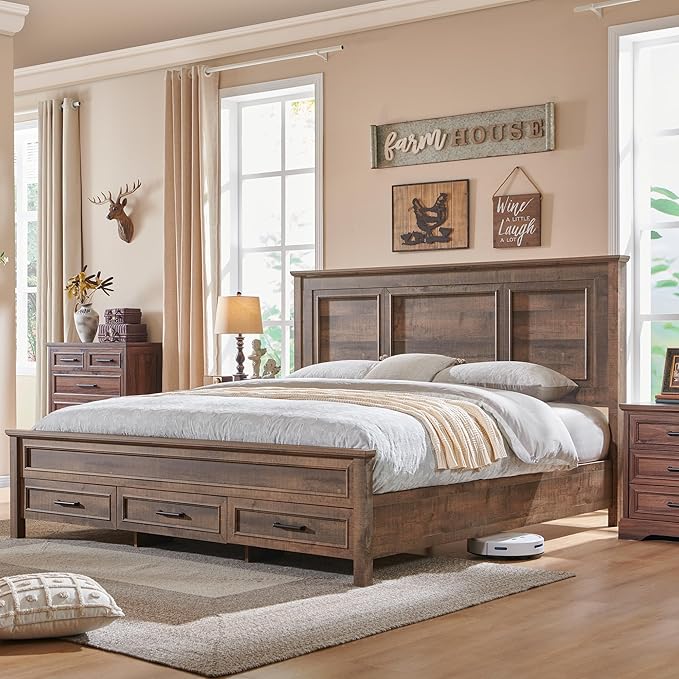 ACCOHOHO Farmhouse Queen Size Bed Frame with 52" Tall Headboard, Wood Platform Bedframe with Footboard and Storage Drawers, No Squeak, No Box Spring Needed, Light Brown
