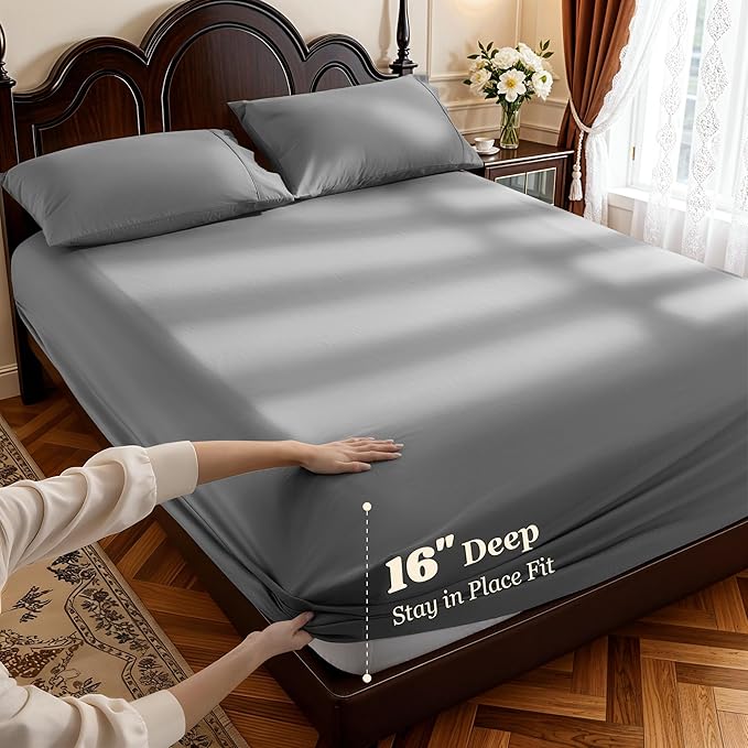 LBRO2M 1000 Thread Count 100% Cotton Sheets Set,Queen Size Bed Sheet 4 Piece Sets,Long Staple,16 Inches Deep Pocket,All Season,Bedding Super Soft Comforterble Breathable,Sateen (Dark Grey)