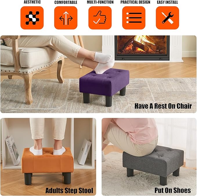 BRIAN & DANY Small Foot Stool, Velvet Foot Stools with Legs, Stable Small Footstool for Living Room, Purple