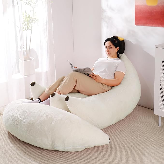 Banana Bean Bag Chair with Ottoman, Floor Sofa Bed with Footrest, Comfy Convertible Lounger for Adults, Plush Couch for Bedroom, Living Room or Dorm, L-Cream