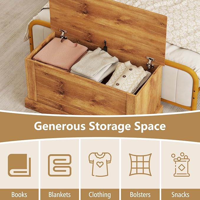 LOKO 35.5” Storage Chest, Lift Top Storage Box with Metal Hinges, Wooden Storage Bench with Safety Hydraulic Strut, Large Farmhouse Storage Trunk for Living Room, Bedroom, Entryway(Oak)