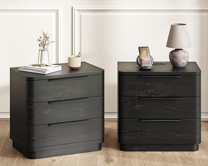 Black Nightstands Set of 2, Bedside Table with 3 Storage Drawers, 24" Tall Wood Night Stand with Charging Station, Modern Wide End Table Side Table W/Metal Handle Curved Profile for Bedroom