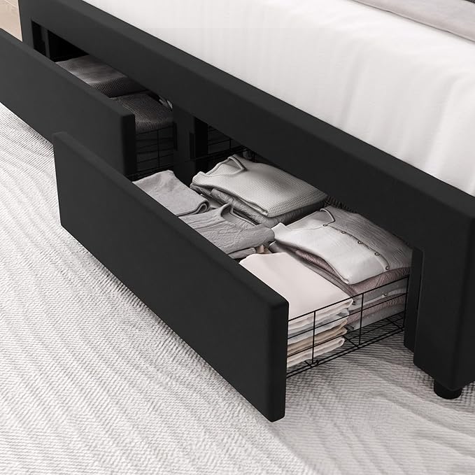 HITHOS Full Upholstered LED Bed Frame with 2 Storage Drawers, Velvet Platform Bed with Wingback Headboard, Solid Wooden Slats Support, No Box Spring Needed, Headboard Splicing Design, Black