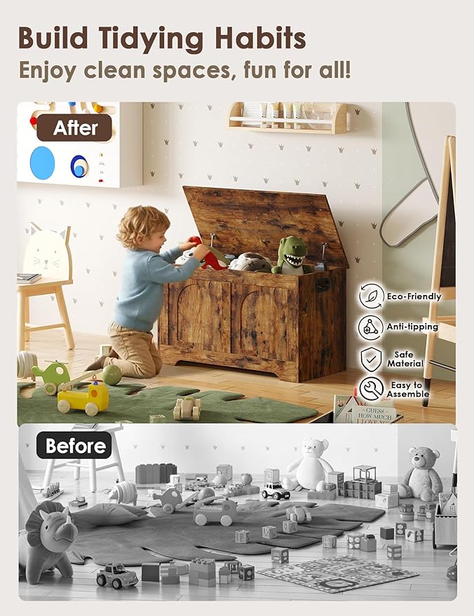DINZI LVJ Storage Chest, 31.5”Wooden Toy Box with 2 Safety Hinges, Entryway Storage Bench with Flip-Top, Sturdy Storage Trunk for Living Room, Bedroom, Easy Assembly, Rustic Brown