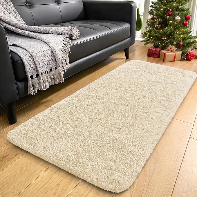 OLANLY 2x6 Machine Washable Runner Rugs for Hallway, Soft Fluffy Shaggy Bedside Rugs for Bedroom, Living Room, Indoor Floor Carpet for Kids Girls and Boys, Home Decor Aesthetic, Cream