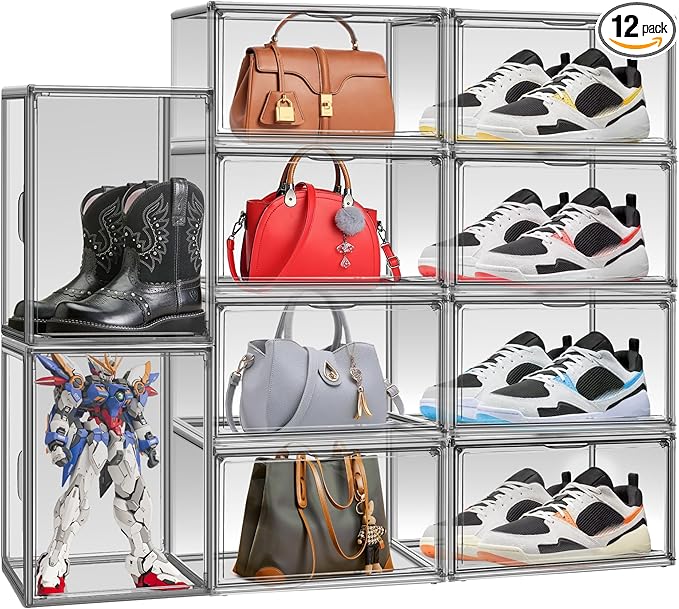 12 Pack Large Shoe Organizers Storage Boxes for Closet Clear Plastic Stackable Shoe Box Storage Bins with Lids, Under Bed Shoe Containers for Entryway, Size 12 Gray